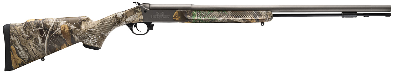 Camouflaged rifle with silver barrel profile.