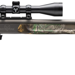 Side view of a camouflaged hunting rifle.