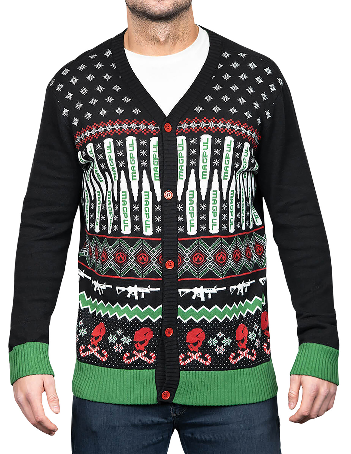 Festive black cardigan with colorful holiday patterns
