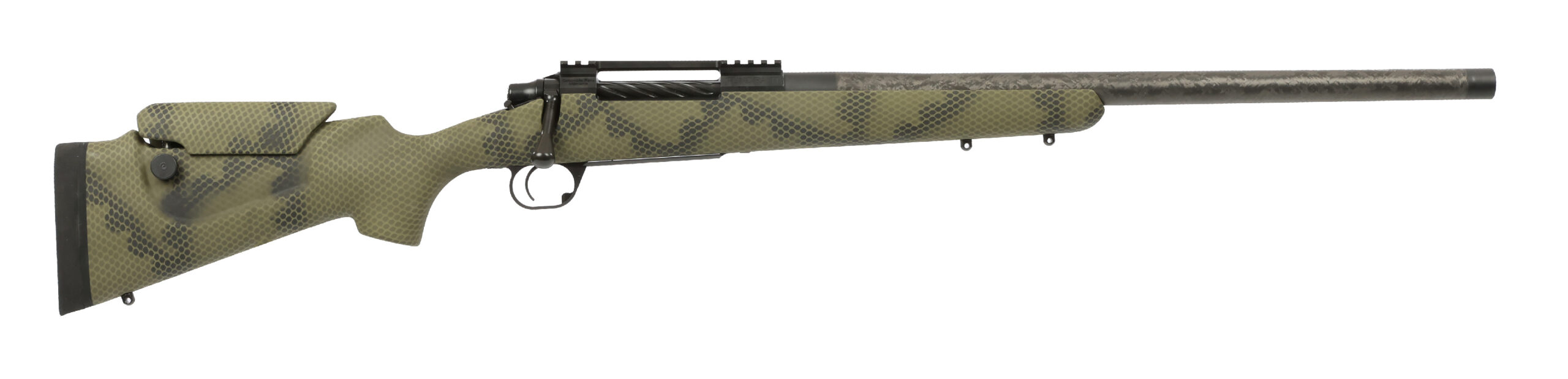 Side view of a camouflage patterned rifle.