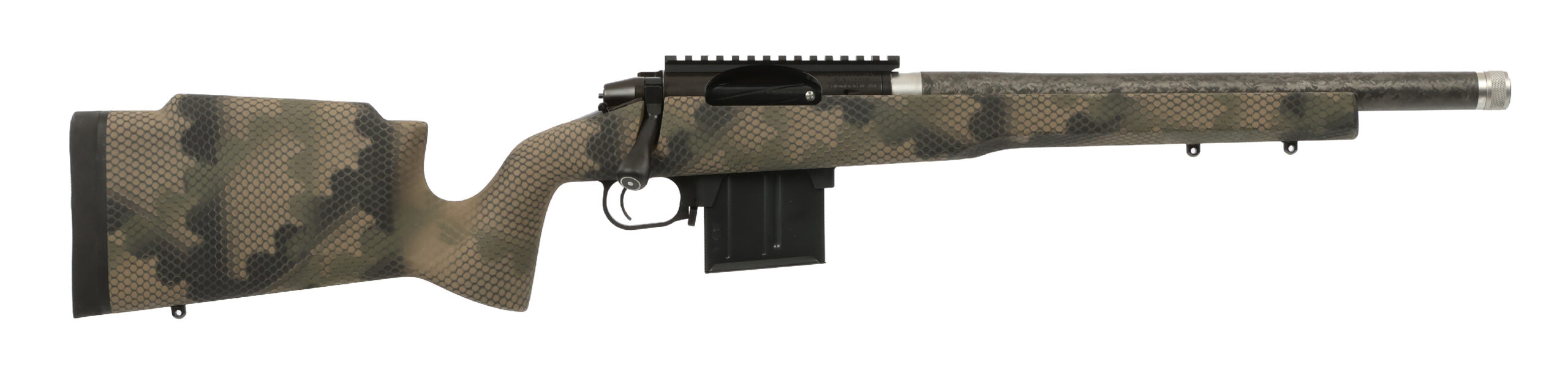 Side view of a patterned rifle stock.