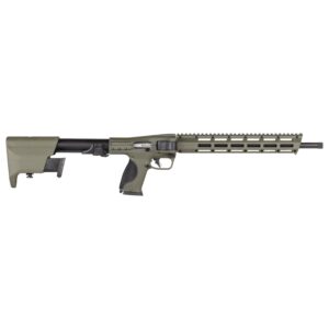 Olive green tactical firearm on white background