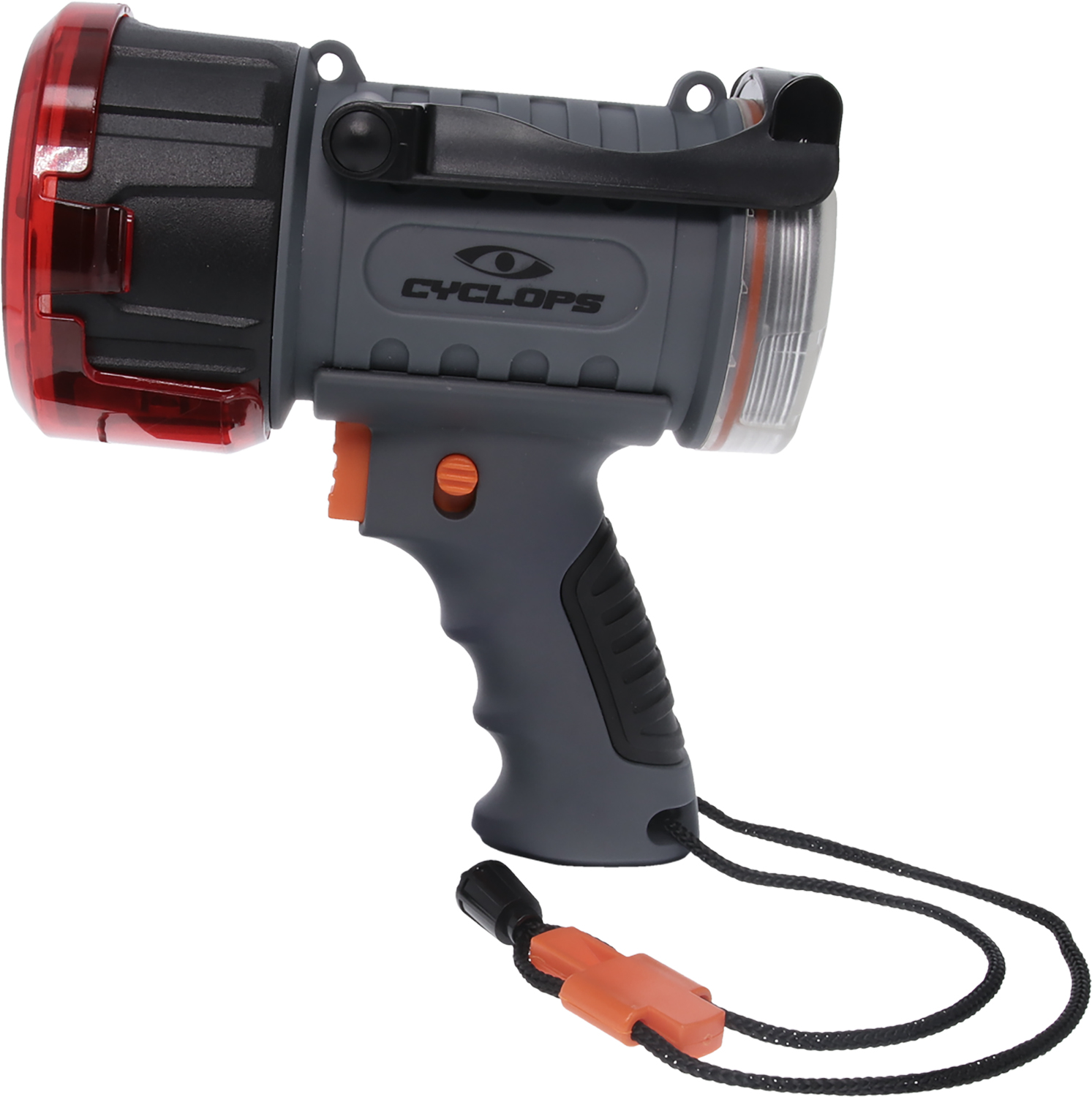 Handheld flashlight with red lens and grip.