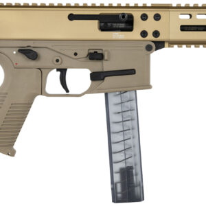 Tan firearm with a clear magazine.