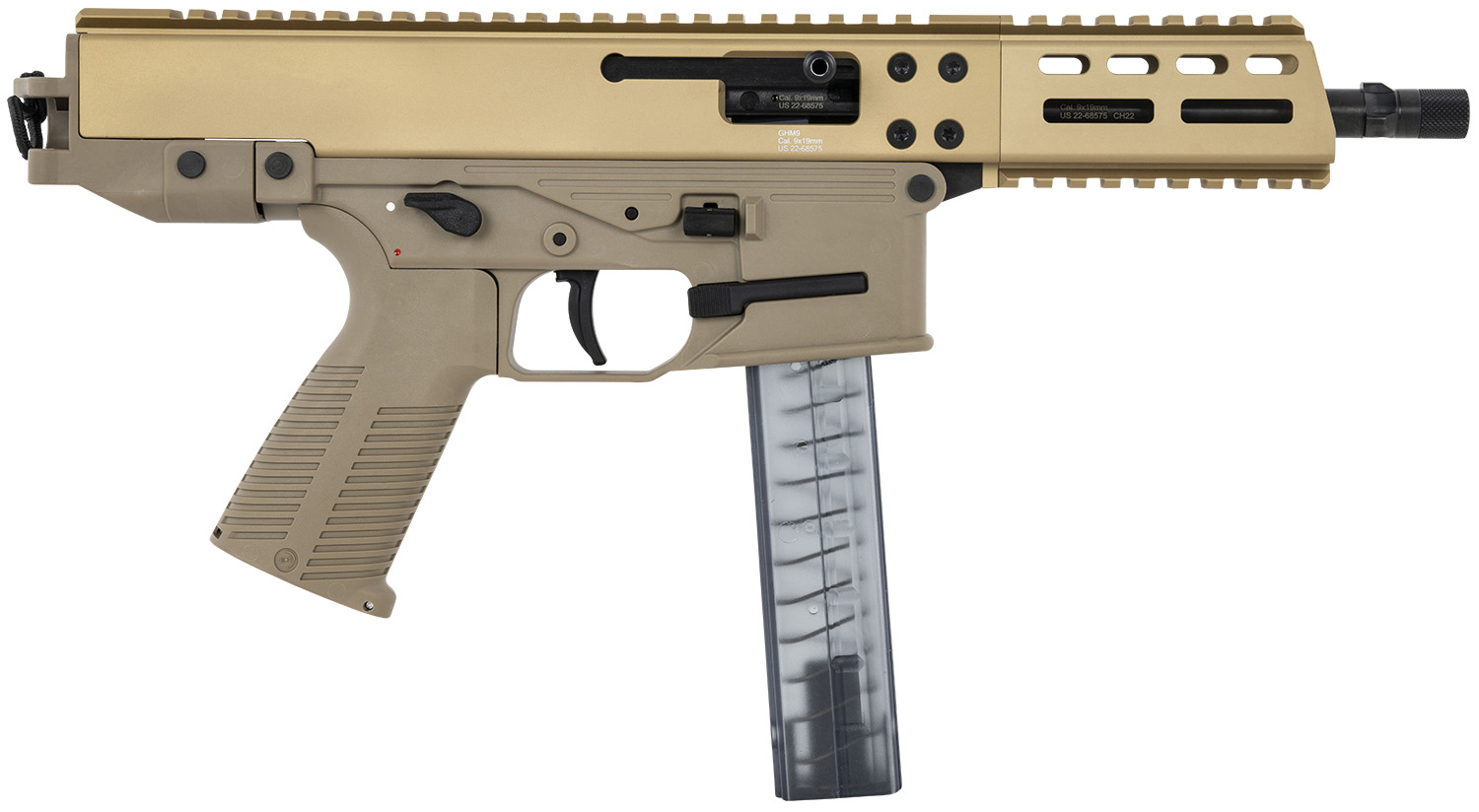 Tan firearm with a clear magazine.