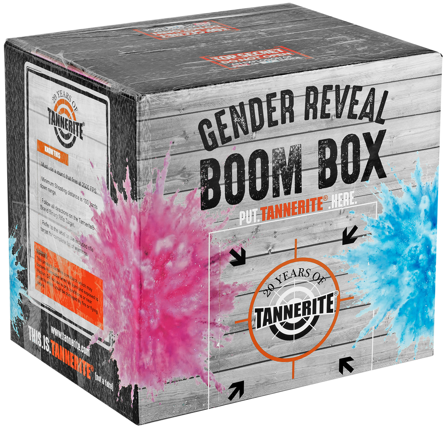 Tannerite gender reveal boom box packaging.