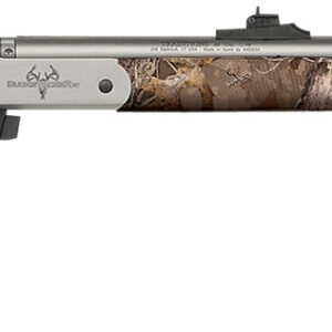 Camo-patterned hunting rifle with stainless barrel.