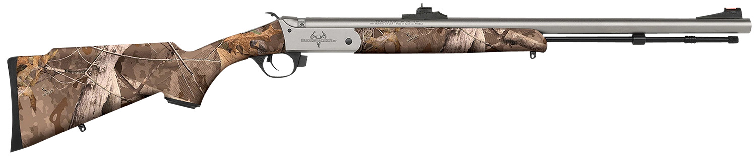 Camo-patterned hunting rifle with stainless barrel.