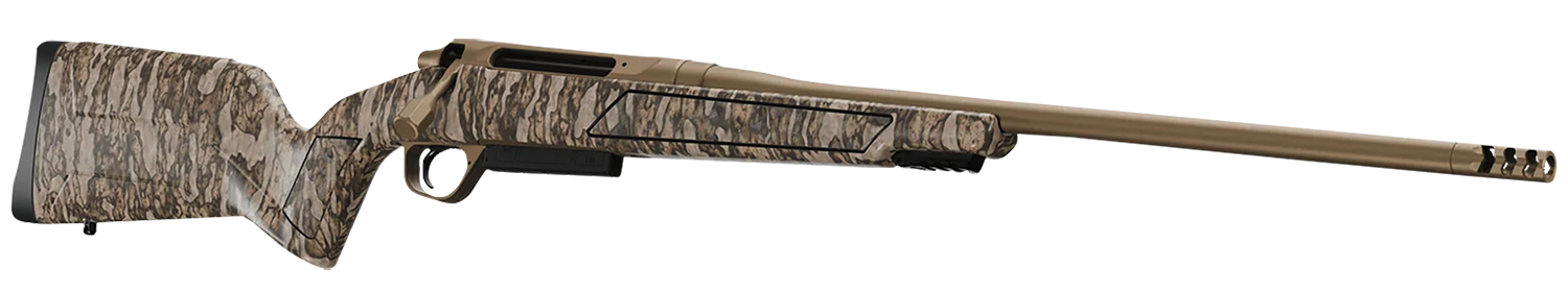Camo-patterned hunting rifle on a white background.