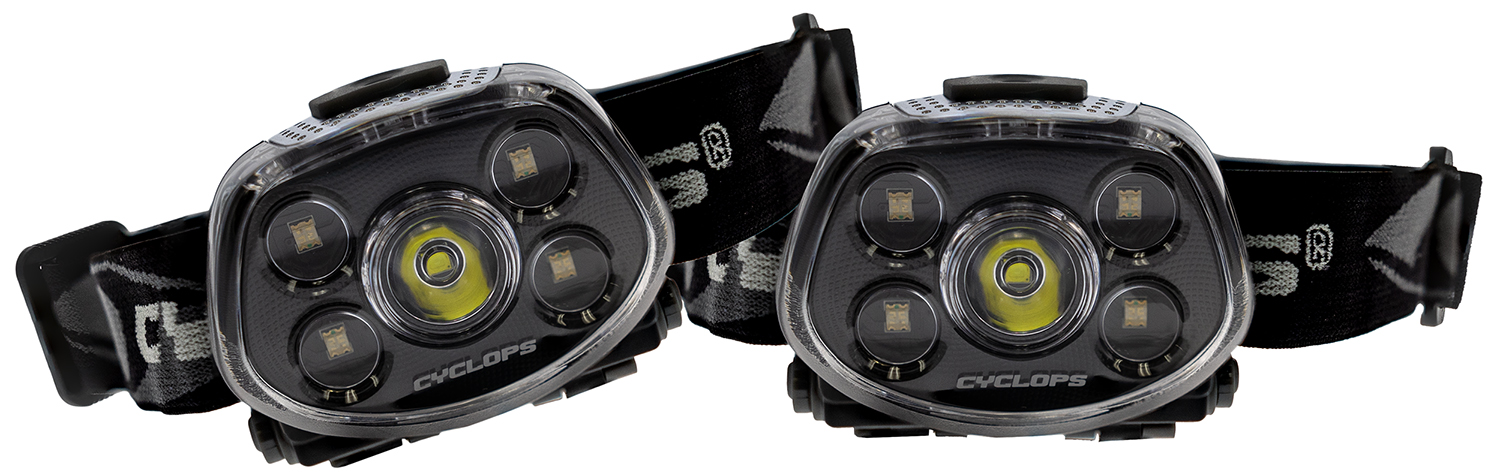 Two Cyclops headlamps with adjustable straps.