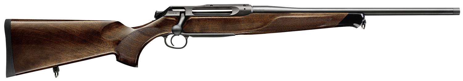 Side view of a modern hunting rifle.