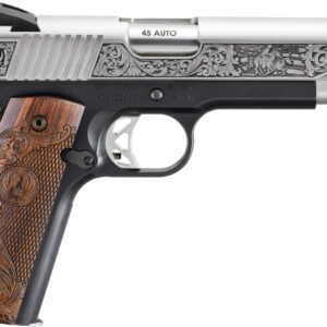 Engraved firearm with wooden grip