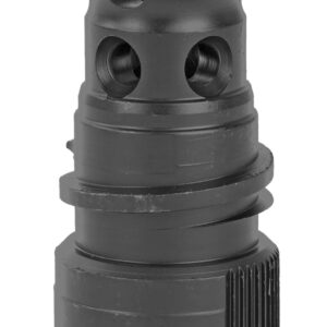 Black firearm muzzle attachment with dual openings.