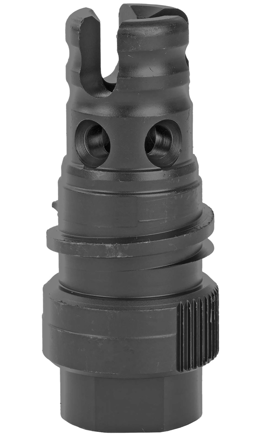 Black firearm muzzle attachment with dual openings.