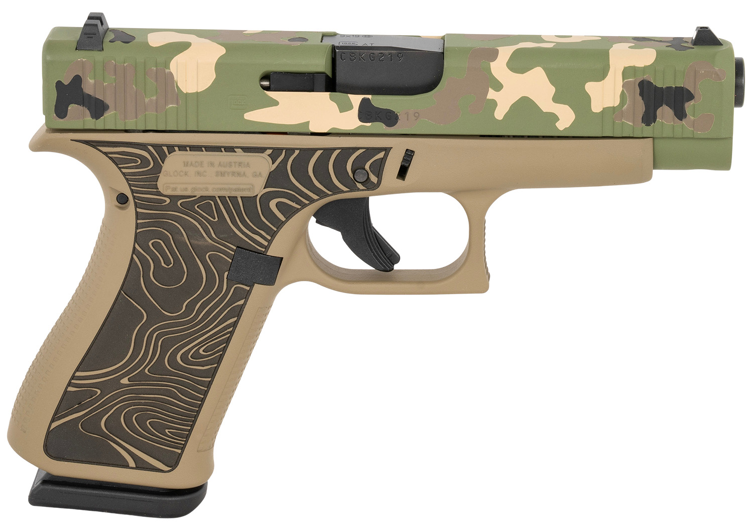 Camouflaged handgun with ergonomic grip design.