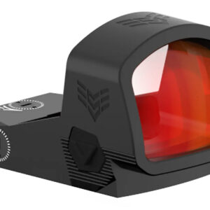 Close-up of a red dot sight scope.