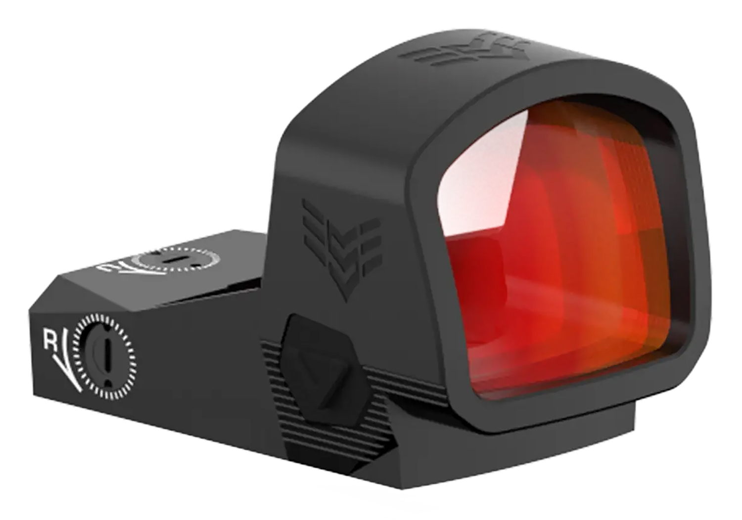 Close-up of a red dot sight scope.