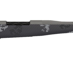 Side view of a modern camouflage hunting rifle.