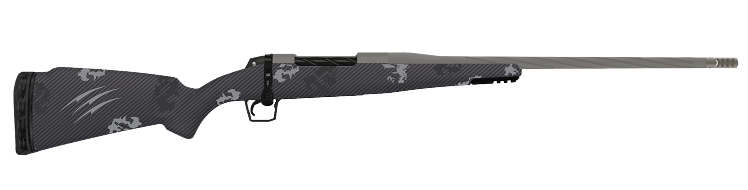 Side view of a modern camouflage hunting rifle.
