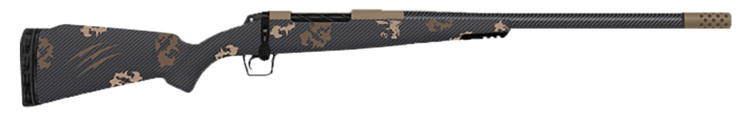 Side view of a camouflaged hunting rifle.