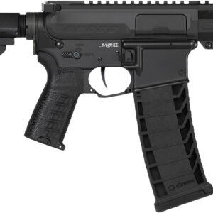 Black firearm with adjustable stock and magazine.