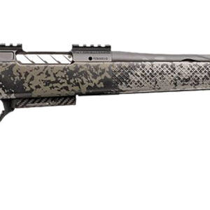 Side view of a camouflaged hunting rifle.
