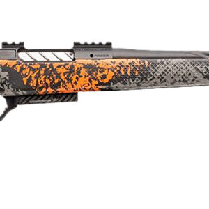 Side view of an orange and black camo rifle.