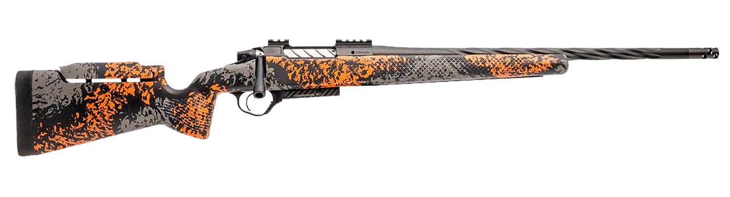 Black and orange camouflaged hunting rifle.