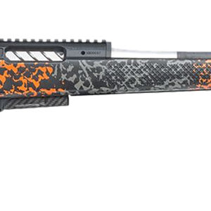 Side view of a camouflaged hunting rifle.