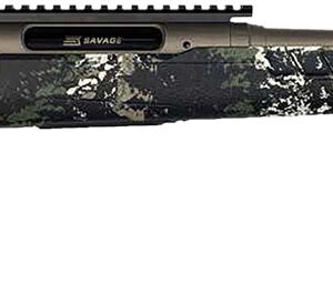Camo rifle with precision barrel design.