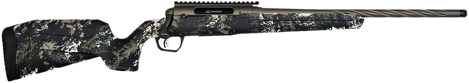 Camo rifle with precision barrel design.