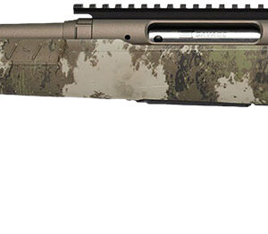 Side view of a camouflaged rifle.