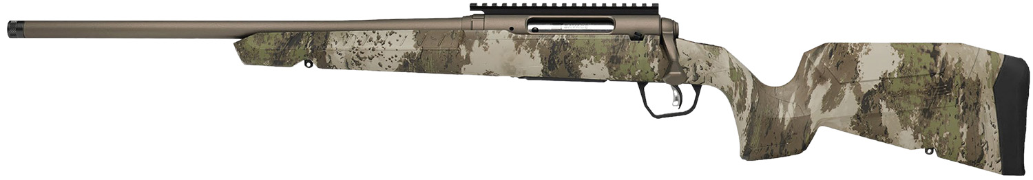 Side view of a camouflaged rifle.