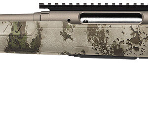 Side view of a camouflaged hunting rifle.