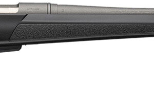 Side view of a sleek black rifle.