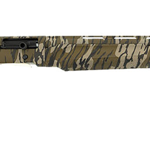 Camouflaged rifle with a long barrel design.