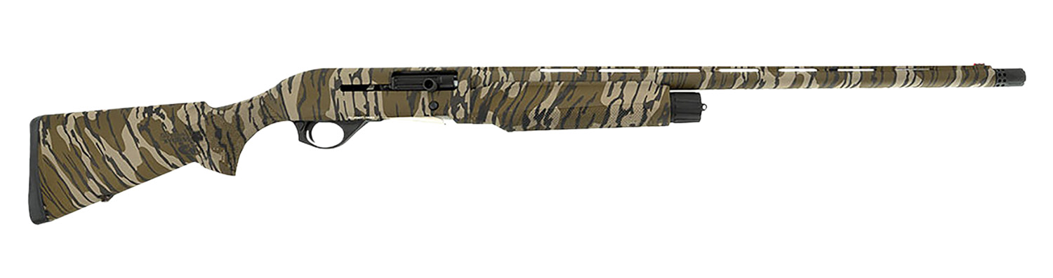 Camouflaged rifle with a long barrel design.
