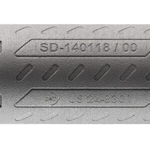 Gray suppressor with textured surface and markings.