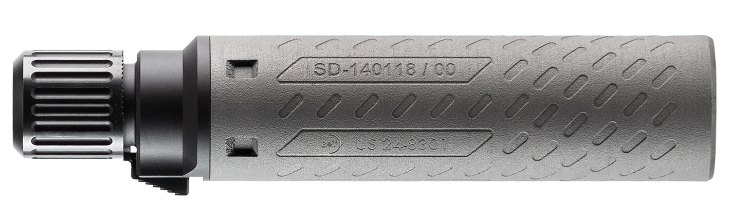 Gray suppressor with textured surface and markings.