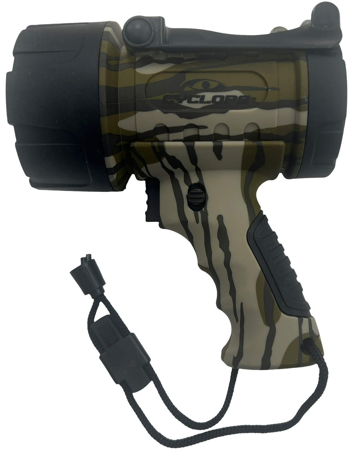 Camo flashlight with handle and safety strap.