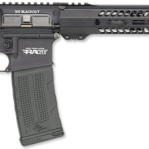 Black rifle with tactical features and design.