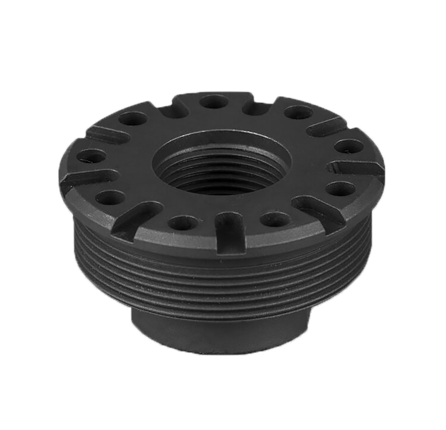 Black threaded mechanical part with holes.