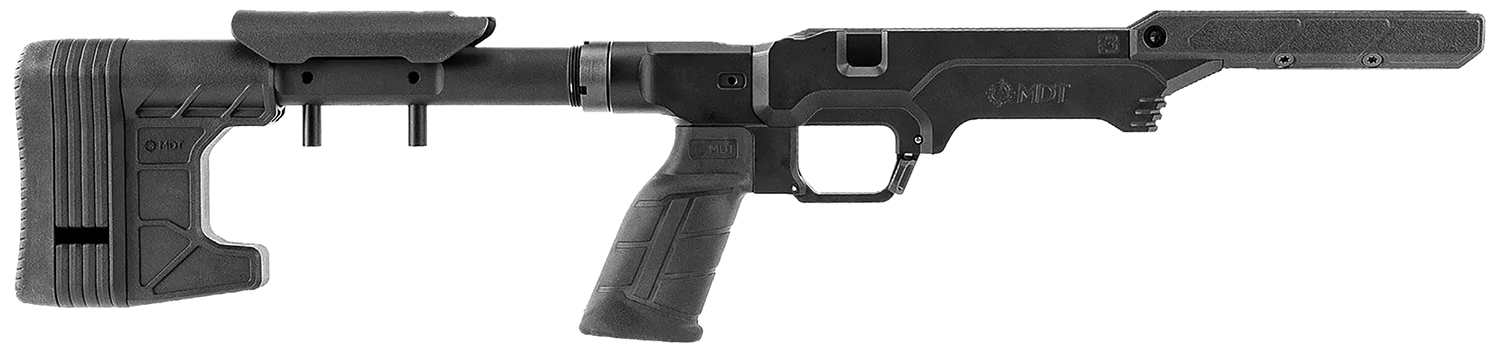 Black firearm component with ergonomic design features.