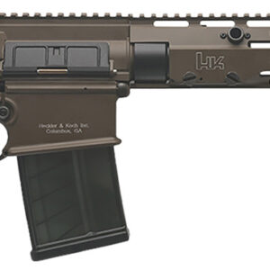 Dark tactical rifle with extended rail system.