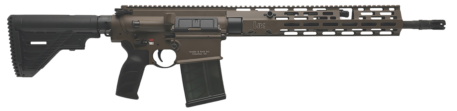 Dark tactical rifle with extended rail system.