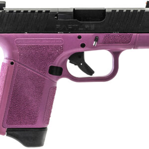 Purple semi-automatic handgun with textured grip