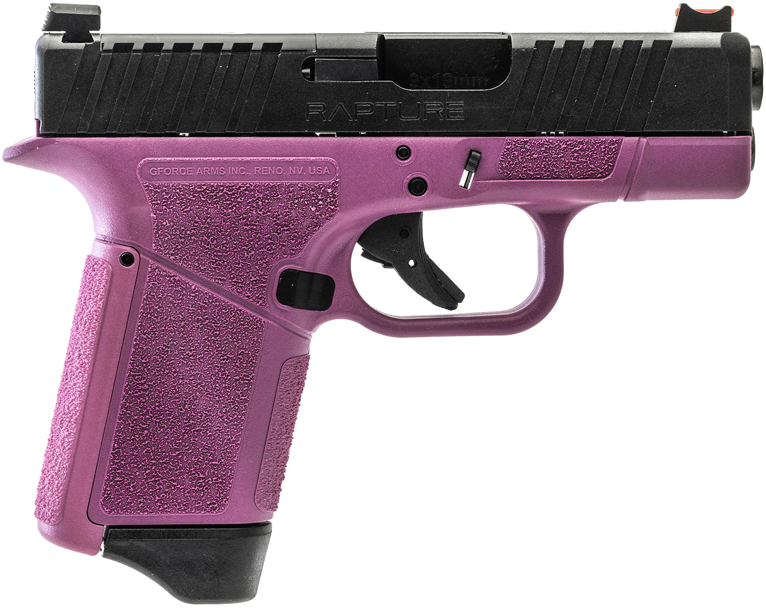 Purple semi-automatic handgun with textured grip