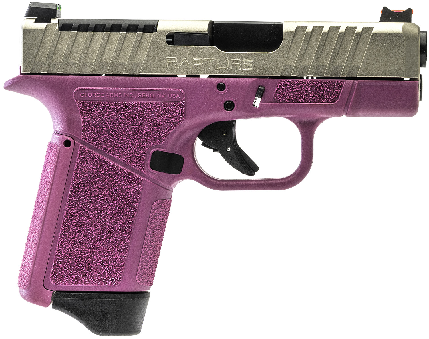 Purple semi-automatic handgun with textured grip