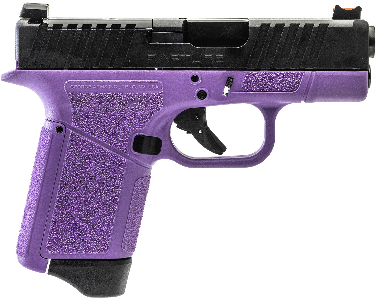 Gforce Arms GF932512PUB Rapture  Sub-Compact Frame 9mm Luger 12+1 3.25" Black Steel Barrel, Black Optic Cut/Serrated Steel Slide, Purple Cerakote Polymer Frame