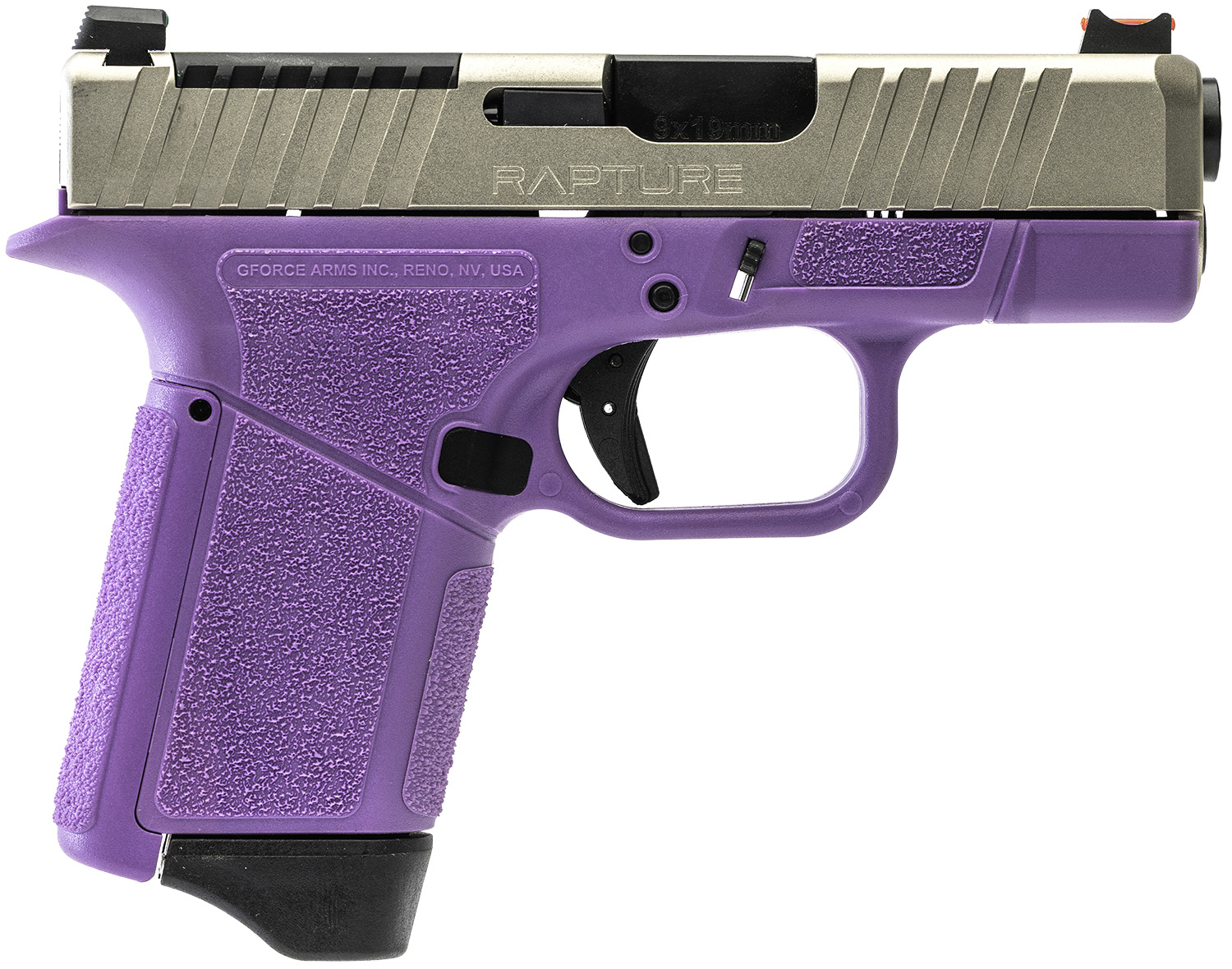 Compact purple handgun with silver accents.